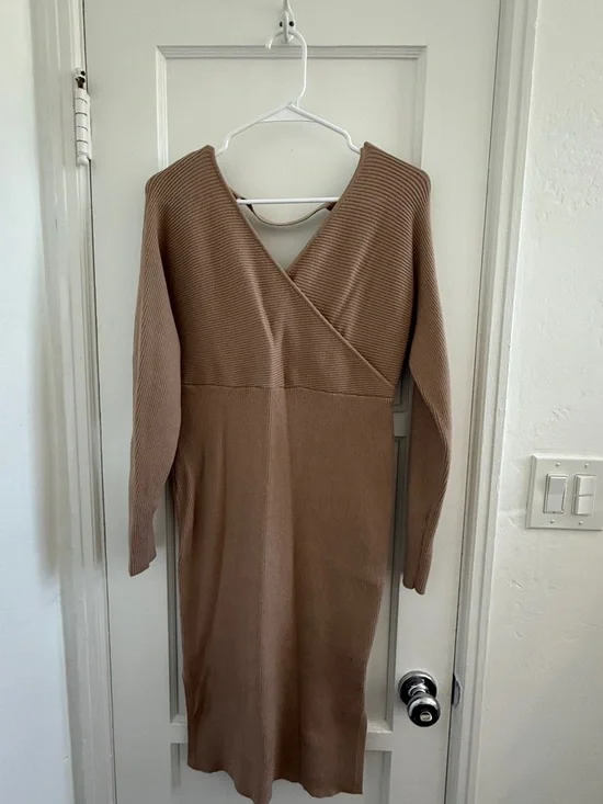 V-Neck Belted Maternity Sweater Dress in Taupe - Picture 4 of 8